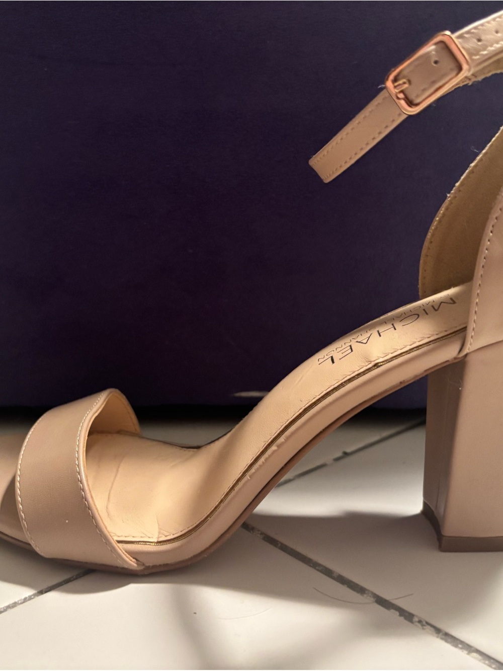 Michael Shannon Beige Block Heel Ankle Strap Sandals